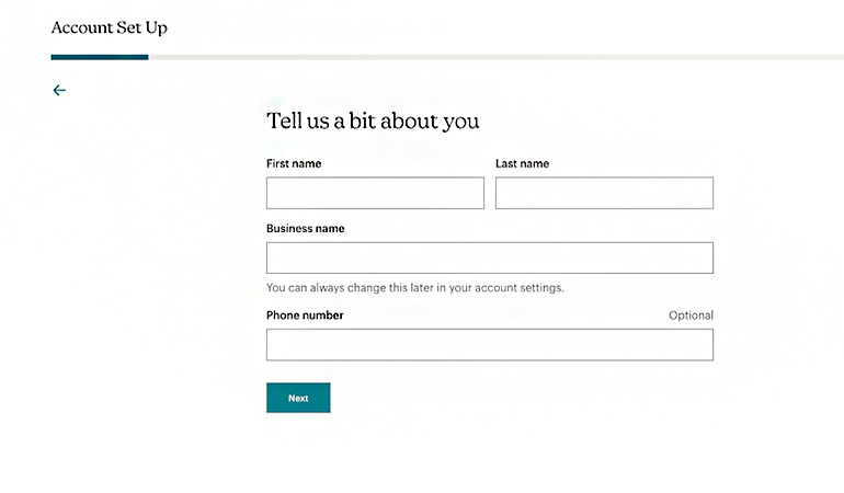 Interface for setting up your Mailchimp profile with your name and business name.