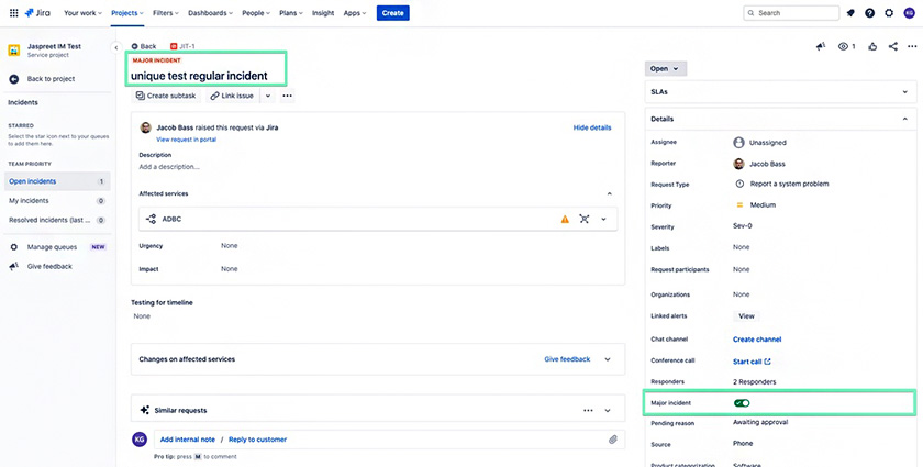 Viewing a major incident record in Jira Service Management