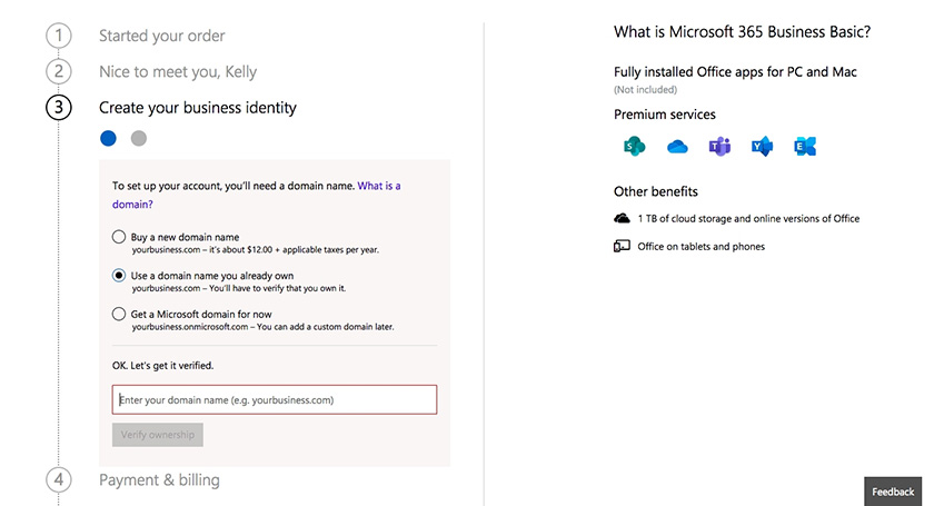 Microsoft 365 setup panel showing how to create your business identity.