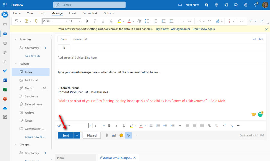 Sending email button on Microsoft Outlook.