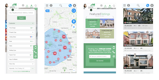 Four mobile phone screenshots with map, home images, listing information and search feature