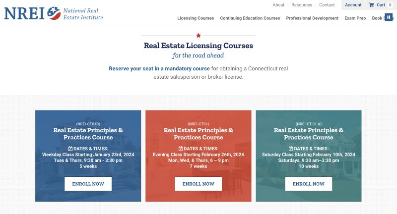 Screenshot of NREI upcoming real estate licensing courses.