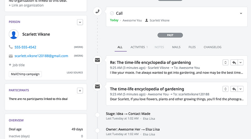 Pipedrive's email sync feature with inbox showing a detailed view of both the contact and deal.