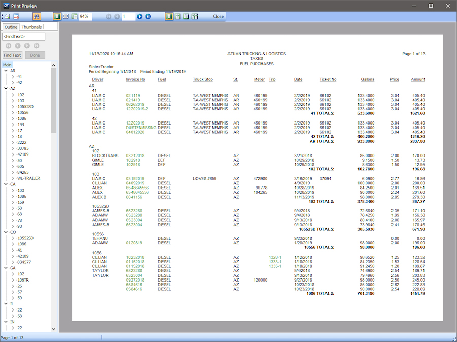 A detailed fuel purchase report showing important details like driver and, fuel type, and price.