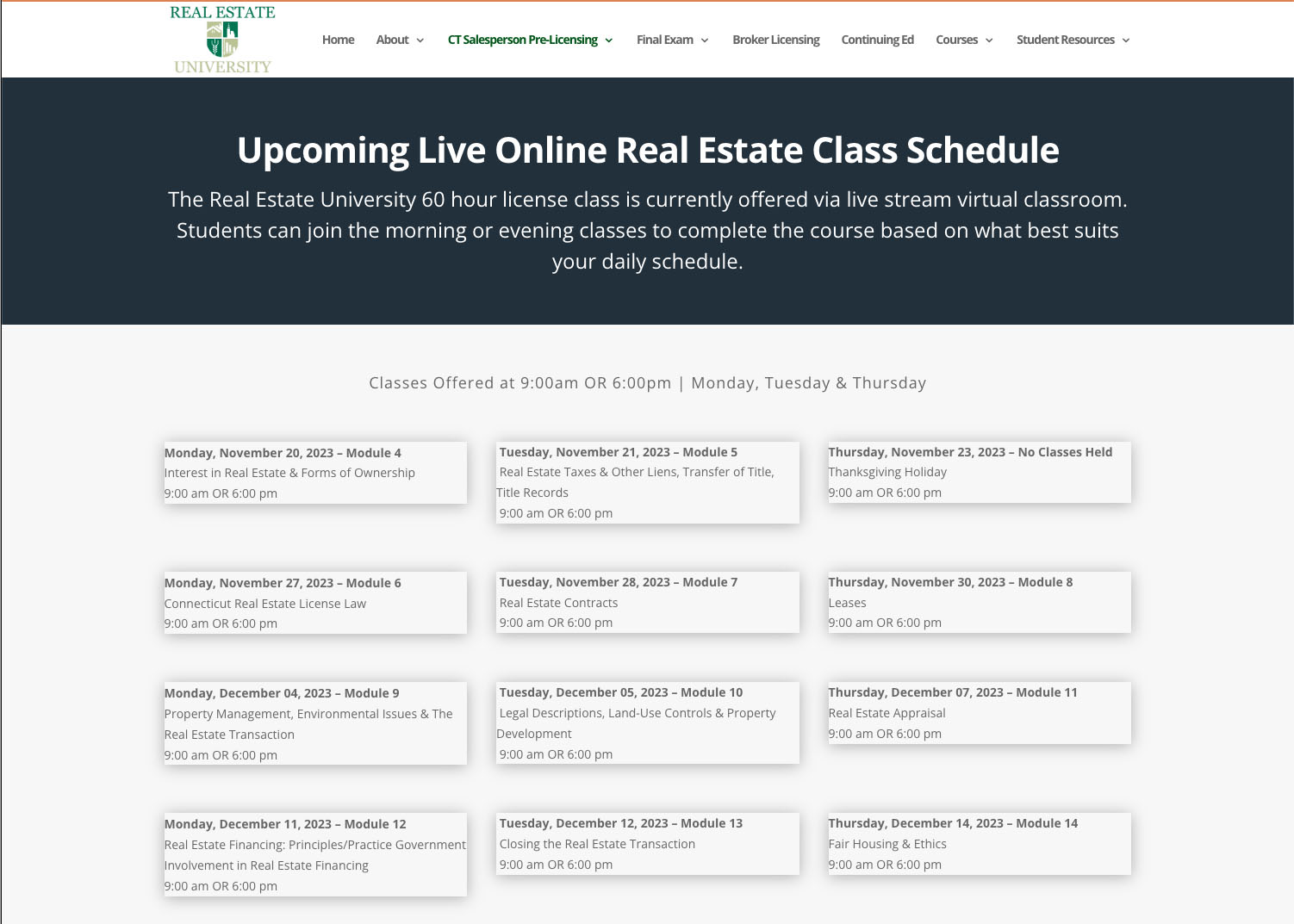 Upcoming live class schedules on the Real Estate University website.