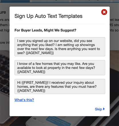 Sample of SMS auto-responder message for buyer leads.