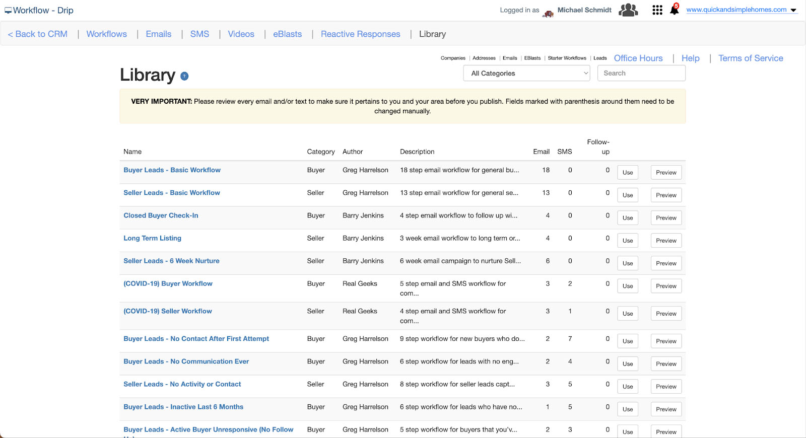 Screenshot of Real Geeks workflow library.