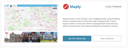 Map with listings marked with red dots above three images of a home with a description of the website template on the left hand side