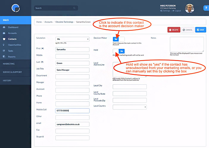 Editing a contact record in Really Simple Systems