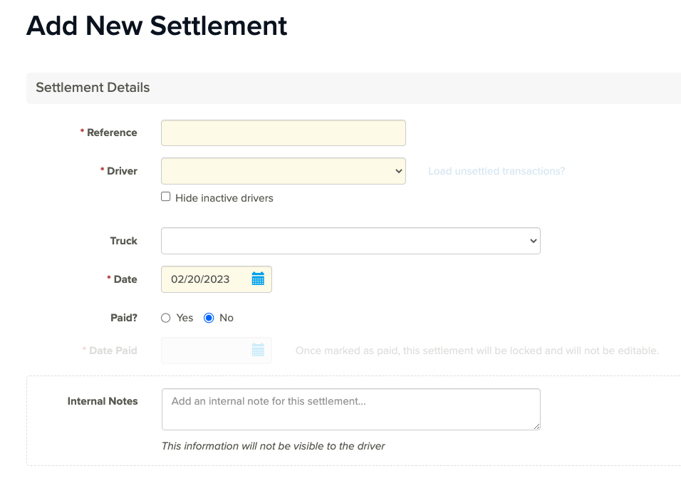 Screen where you can record a new settlement in Rigbooks.