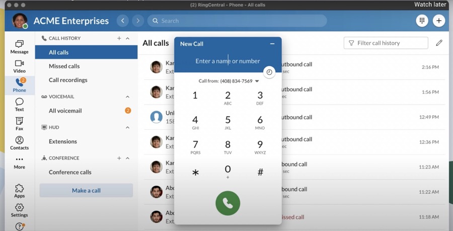 The RingCentral desktop app interface with call history and the digital keyboard front and center.