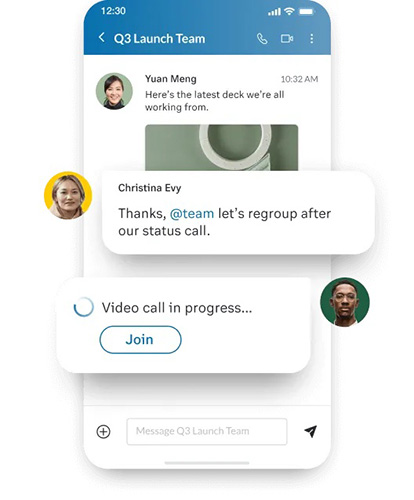 RingCentral mobile app interface displaying a conversation between two people and a notification that says a video call is in progress.
