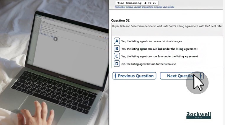 A sample test question in Rockwell Institute's prelicensing course as viewed on a laptop.