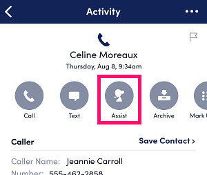 The Ruby Receptionist app displaying a person's contact information and a red box highlighting the Assist option.