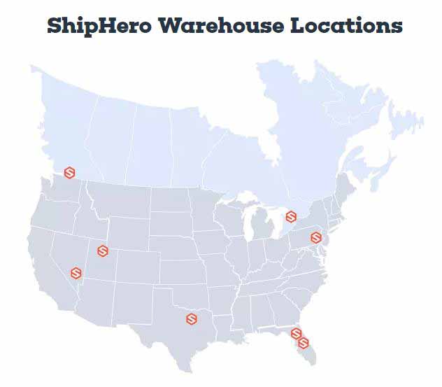 Map showing ShipHero's North American warehouse locations