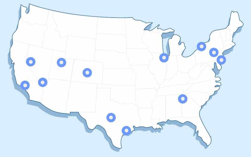 Map showing ShipNetwork's warehouse locations in the continental US.