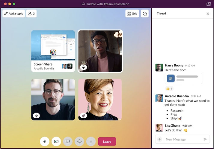 A group of three people participating in a Slack video huddle.