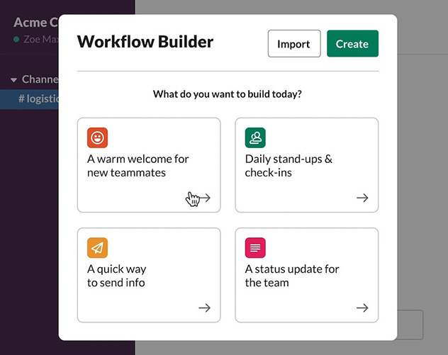 A screenshot of how to start creating a workflow builder in Slack.