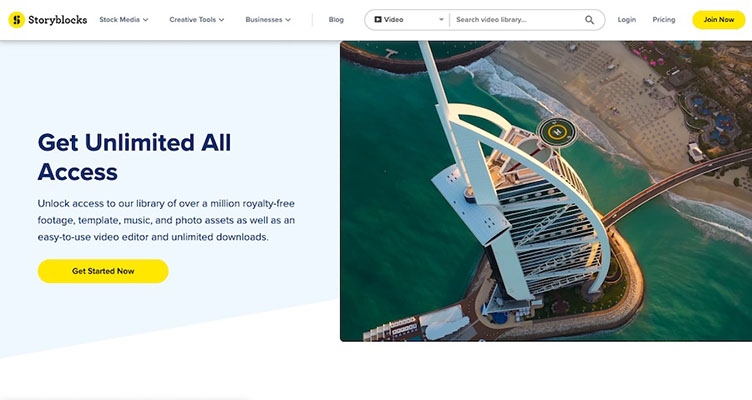 Interface of Storyblocks' home page