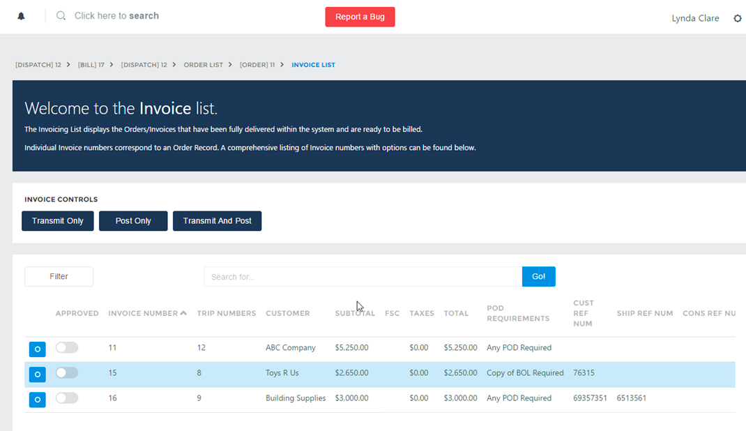 Invoice list screen where you can select invoice to process in Tailwind TMS.