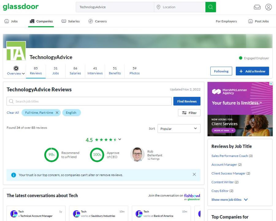 Image of TechnologyAdvice's company page on Glassdoor showing reviews and ratings.