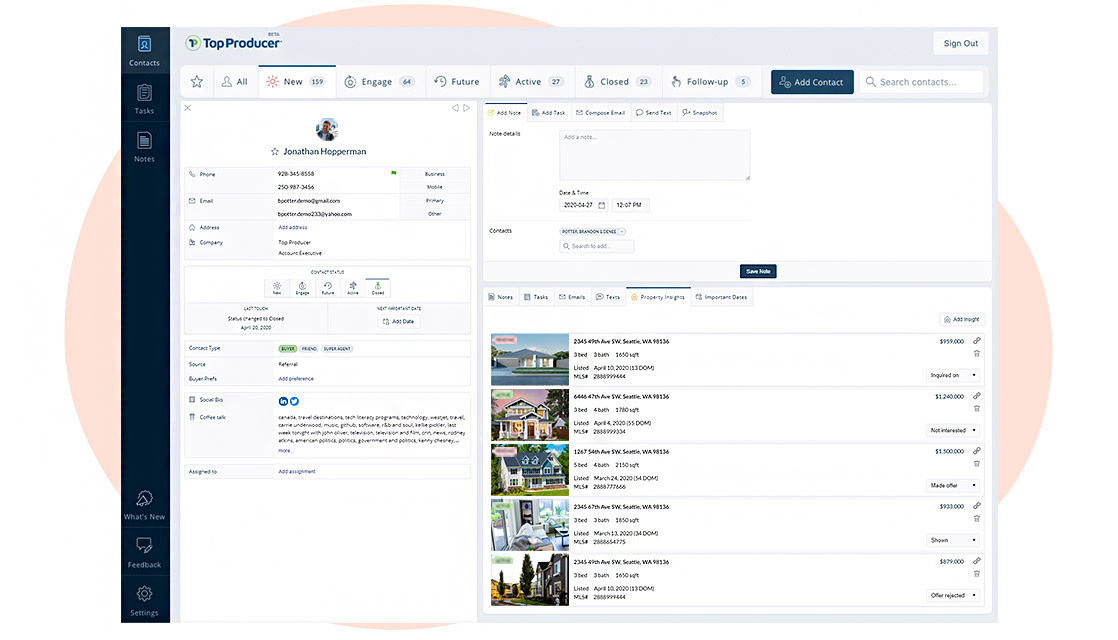 Example of Top Producer dashboard showing a lead's name, contact info, and interested properties.