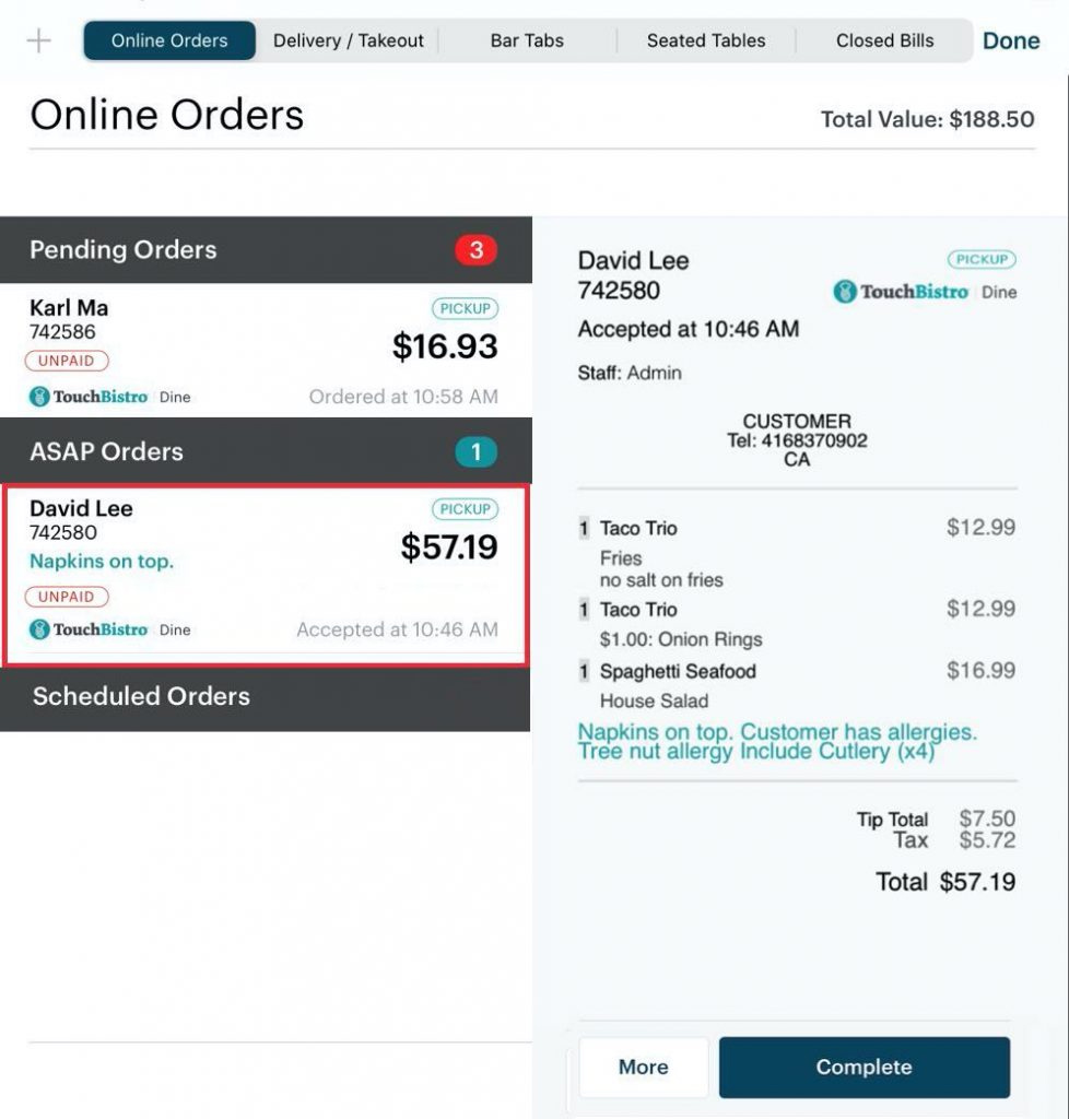 Screen capture of TouchBistro POS online ordering screen with orders on left hand side and detailed receipt on right hand side.