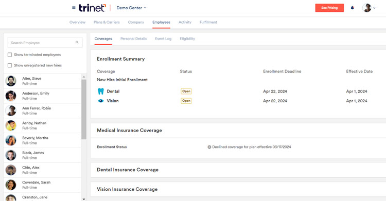 Track employees’ benefits enrollments and send reminders online on TriNet Zenefits.