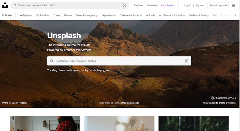 Screenshot of Unsplash's home page