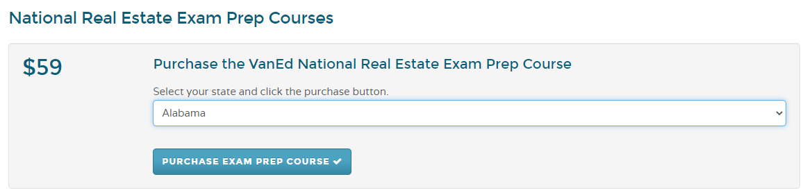 Drop down selection with states for purchasing exam prep package.