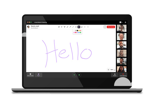 Vonage Meetings interface displaying a whiteboard with a "Hello" written across.