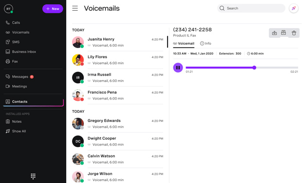 Vonage Business Communications interface showing a list of voicemails in one panel and a voicemail being played in another.