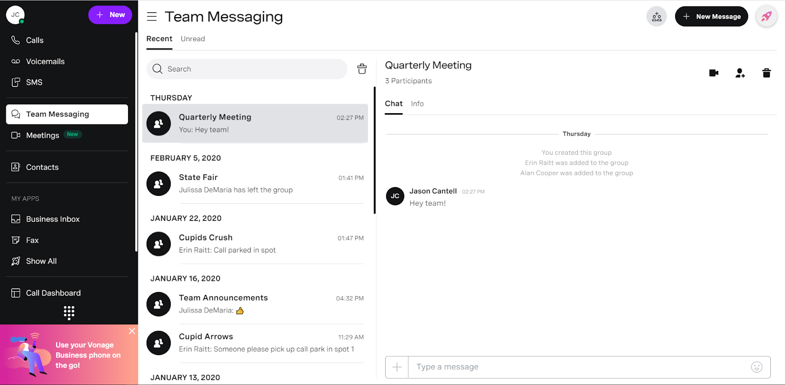 Vonage Business Communications team messaging feature showing a group chat named Quarterly Meeting.