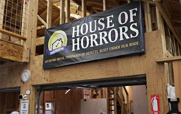 Wooden house with banner titled "House of Horrors"