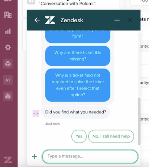 Zendesk chatbox displaying a conversation between a customer and the platform’s chatbot.