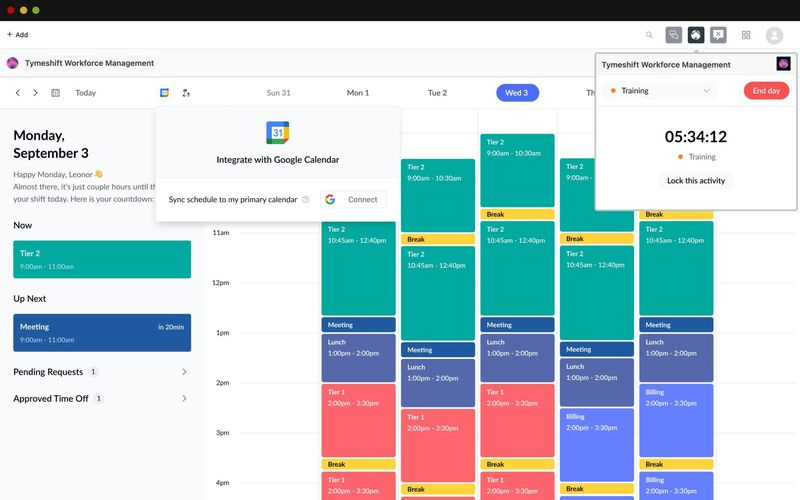 Tymeshift, Zendesk's workforce management tool, displaying a color-coded schedule in the calendar marking different activities.