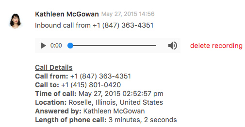 Zendesk Talk call details showing the caller’s phone number, time of call, and the agent that answered the call.