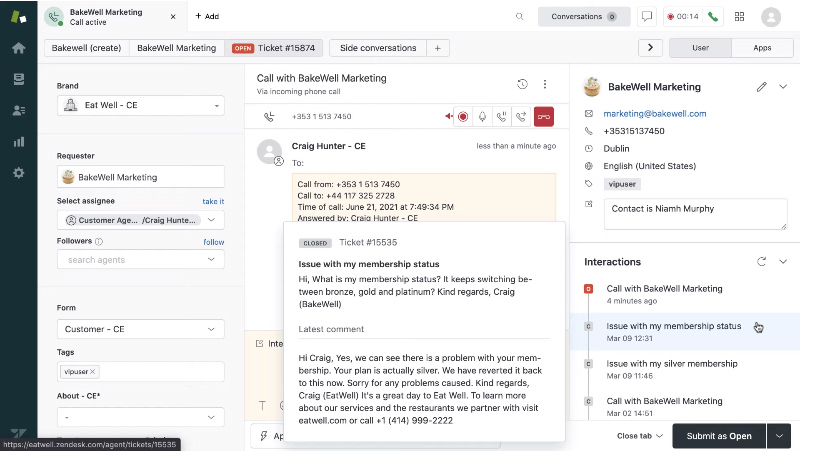Zendesk Talk interface showing a live call and different panels for customer information and past interactions.