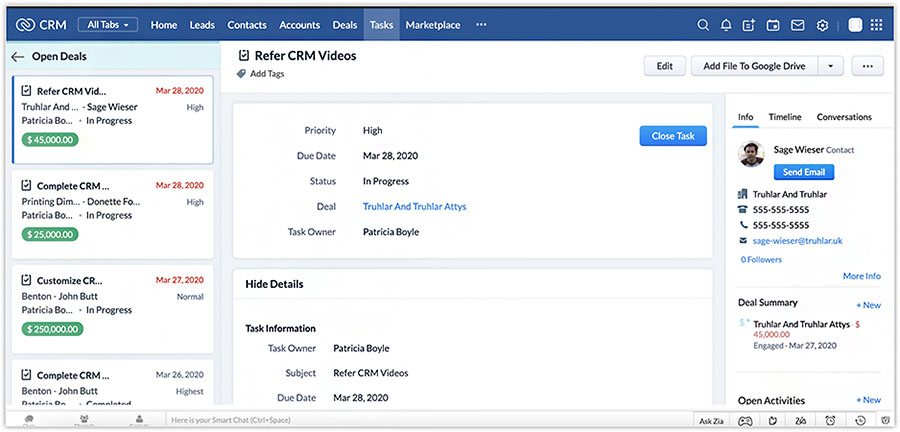 Viewing a sales task record in Zoho CRM.
