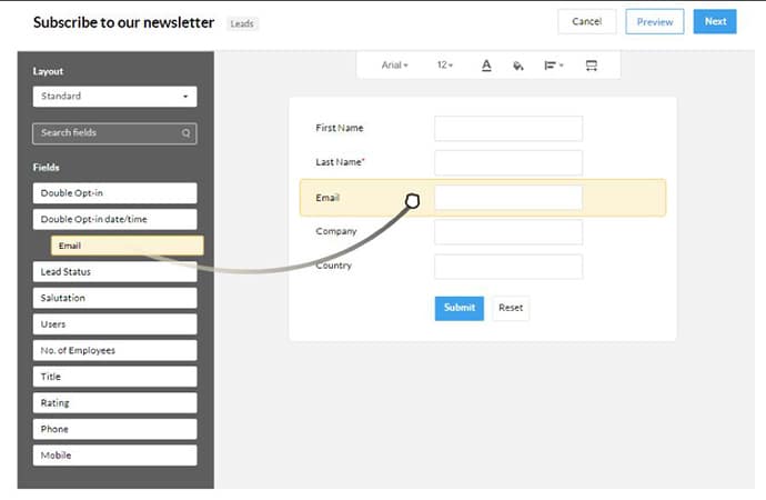 A screenshot of Zoho CRM's no-code web form editor