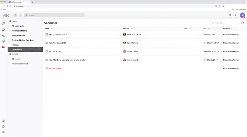 Avaya Cloud interface showing a list of completed tasks