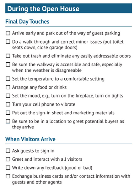 Screenshot of checklist items to complete during the day of the open house