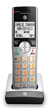 A black and white cordless telephone that displays "Charlie Johnson" on its screen