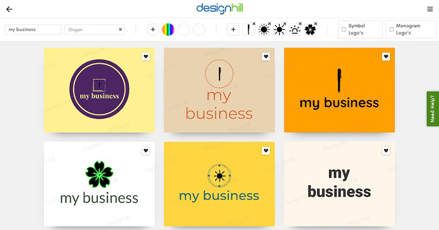 Various logo designs generated by Designhill.