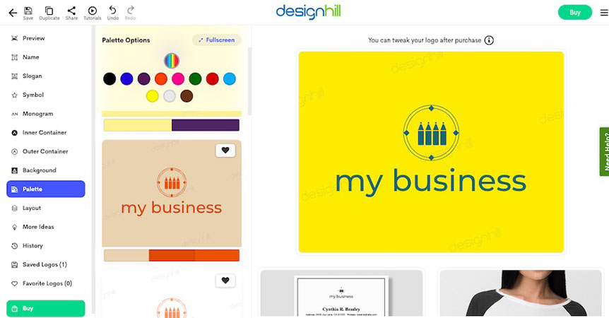 DesignHill's logo generator with customization features