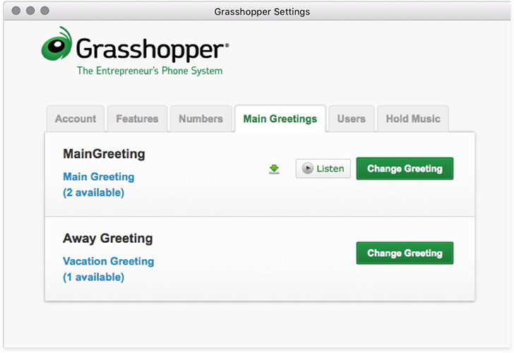Grasshopper settings displaying the options for phone greetings