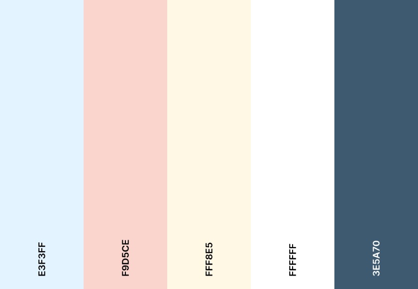 A color palette with pastel shades of blue, pink, and white.