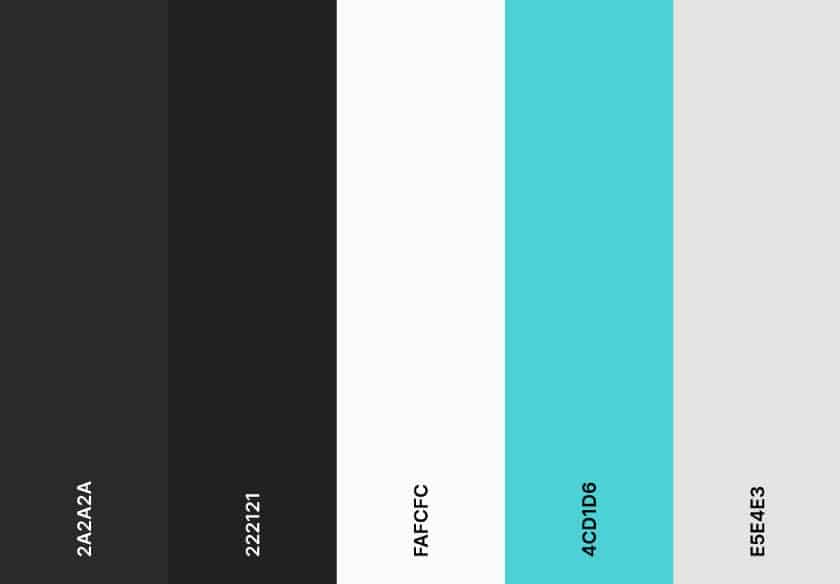 A color palette with shades of black, gray, white, and electric blue.