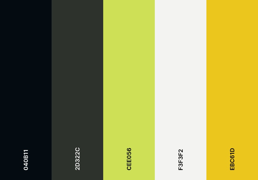 A color palette with shades of black, neon green, and yellow.