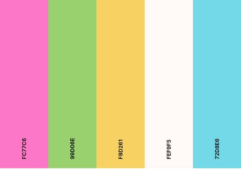 A color palette with shades of bright pink, green, blue, yellow, and white.
